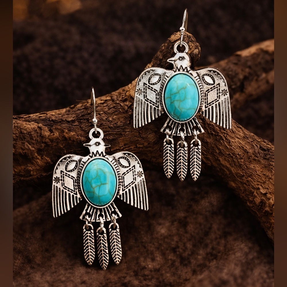Southwest Style Turquoise And Silver Eagle Earrings
